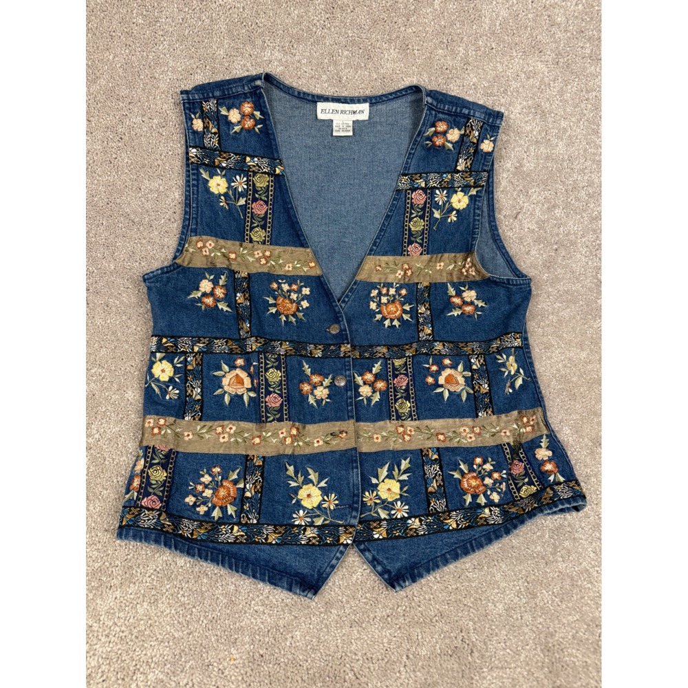 Ellen Richman Vintage Floral Embroidered Denim Vest Blue Cotton Boho Womens L